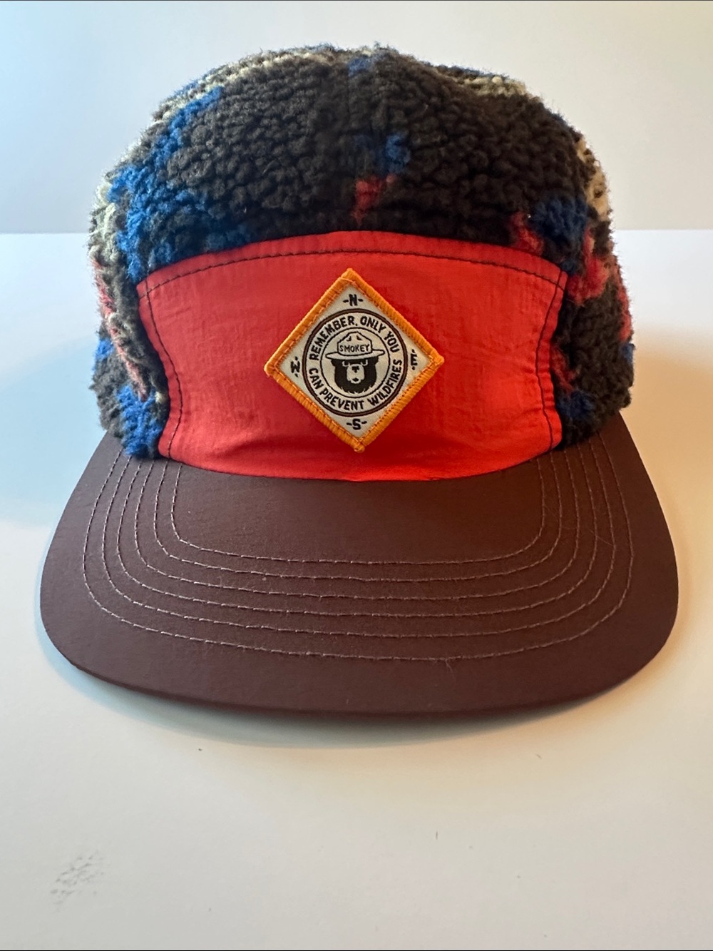Smokey Bear Patch Fleece 5-Panel Cap - Red Front, Brown Brim unisex one size